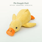 The Mallowbean snuggle duck dog toy, soft yellow plush with an orange bill